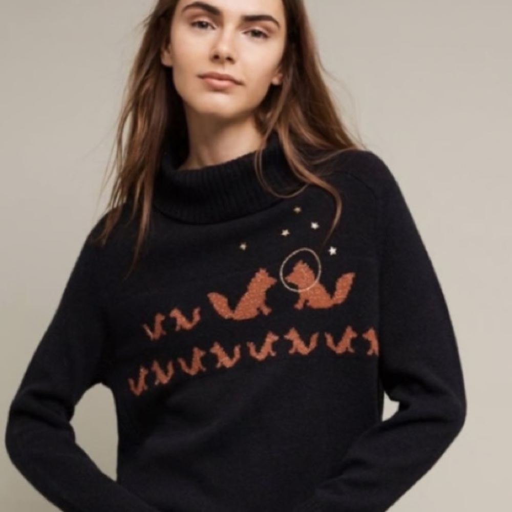 Anthropologie Black Cowlneck Sweater with Rust Fox Row